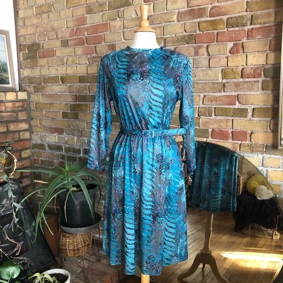 Vintage 80s midi dress in teal plum black and green size s/m - Picture 1 of 3